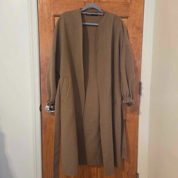 ZARA Camel/Brown/Tan Long Wool Belted Coat Small - Picture 3 of 5